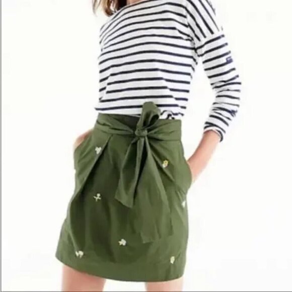J. Crew Dresses & Skirts - J. Crew Skirt Size 4 Olive Green Mini Embroidered Floral Tie-Waist NWT G9054